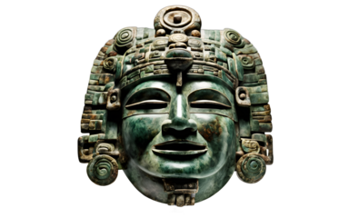 Mayan ceremonial jade mask with intricate details isolated on a empty plain background