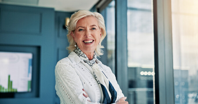 Business CEO, woman and portrait with arms crossed in office for company management and finance development. Financial director, mature employer and happy for corporate confidence, pride and about us