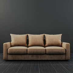 Sofa with three cushions on the back and one cushion in the front, simple design, light brown fabric, dark gray background, square grid floor tiles, front view, high resolution, 
