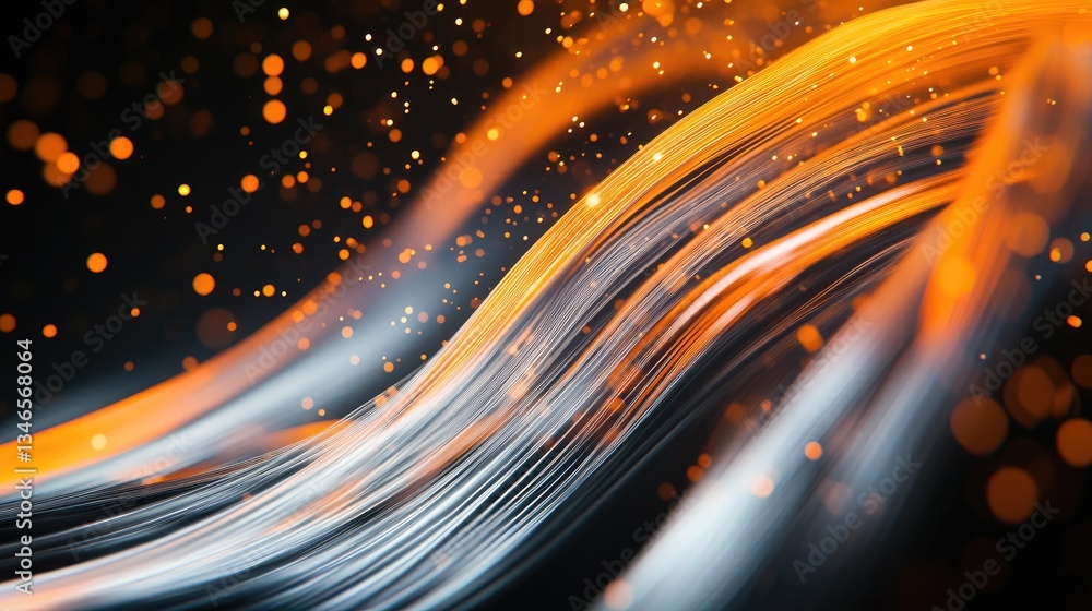 Fototapete a mesmerizing digital stream of abstract orange and white lines streaks across a dark backdrop, evok