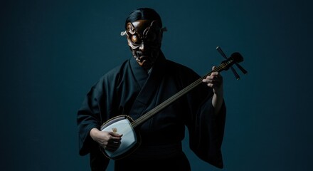 Fototapeta premium Shamisen Player in Traditional Japanese Kimono - Dark Studio Portrait of a Musician Playing Japanese Shamisen