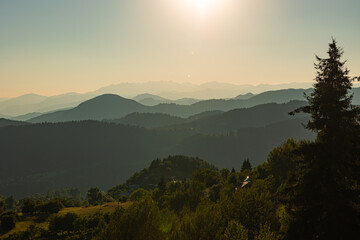 Landscape of the mountain ranges at sunset in the summer.