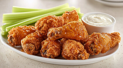 Golden fried chicken wings with a glossy honey glaze served with celery sticks and creamy dipping sauce on a casual platter