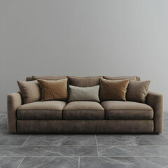 Fototapeta premium Sofa with brown fabric and three pillows on the left side, straight view, gray floor tiles, gray background, low-poly style, simple model, rendered in Blender.