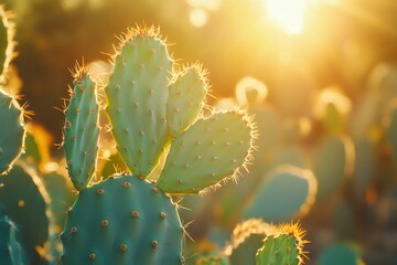 Close up of a prickly pear cactus at sunset in a desert environment