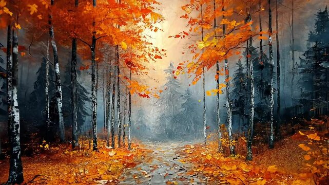 Autumnal path through a misty forest footage