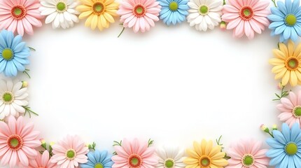 Colorful Pastel Daisy Flower Border Frame White Background