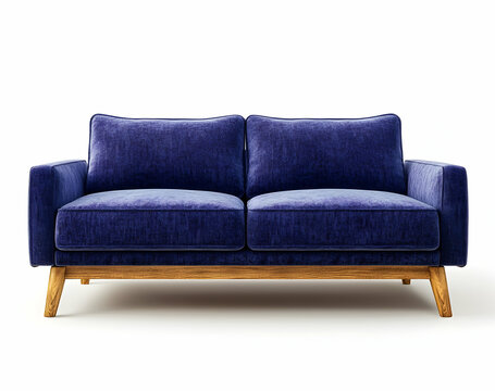 A blue sofa chair with wooden legs, simple and elegant in the solid color of purple fabric, front view, white background, high-resolution photography, high-quality details, high definition. 