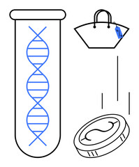 Fototapeta premium DNA helix inside test tube, shopping bag with price tag, and currency coin. Ideal for genetics, consumer behavior, digital economy, finance, biotechnology retail innovation. Minimalistic abstract
