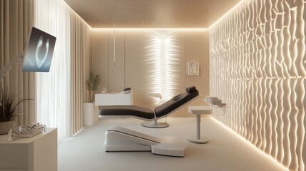A modern chiropractic clinic featuring glowing AR spine alignment data, soft clean lighting, and a serene environment for adjustments