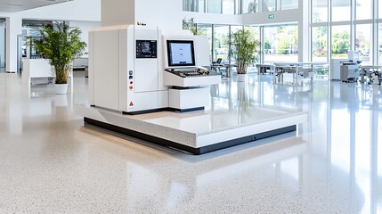 Modern Industrial White Control Panel Machine in a Bright Office Lobby