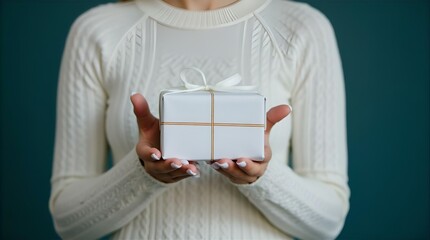 Woman Holding White Gift Box with Ribbon - Holiday Gift Present Celebration Teal Background