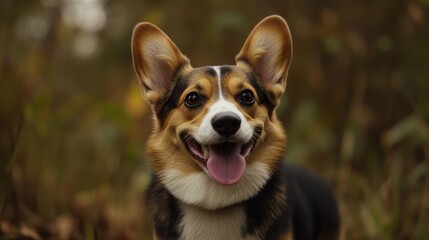 Happy corgi dog outdoors in nature forest setting with tongue out