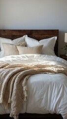 Cozy bedroom with soft white bedding and natural light streaming in