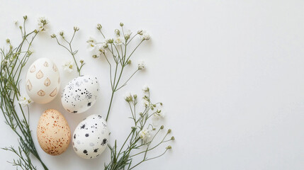 Obraz premium A stylish Easter composition with decorated eggs and fresh flowers on a clean white background, minimalistic aesthetic