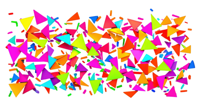 Colorful triangles falling on transparent background: vibrant geometric shapes in motion