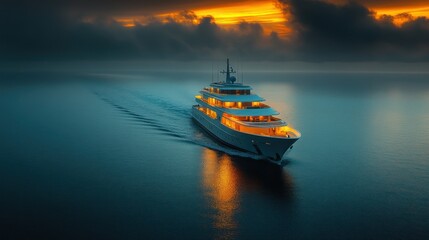 Luxury yacht sailing at sunset, ocean, sea, travel.