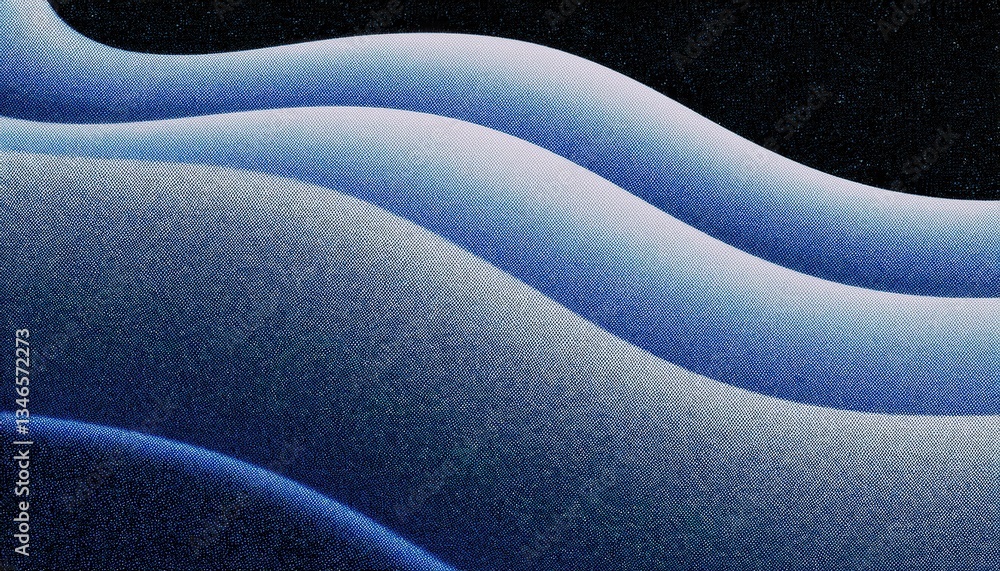 Poster close-up of blue gradient wavy textile pattern with halftone texture, abstract flowing fabric backgr