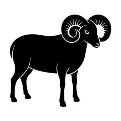 Black and white illustration of a sheep with horns in a grassy mountain landscape