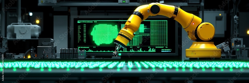 Poster yellow robotic arm performs detail-oriented assembly