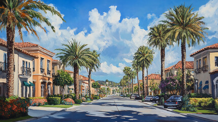 Fototapeta premium A painting of a street with palm trees