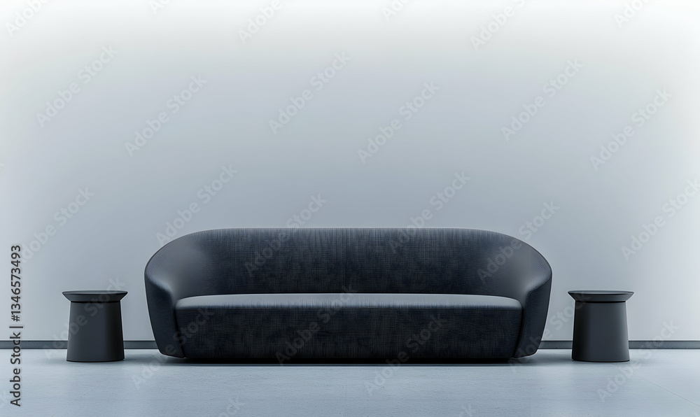 Poster minimalist gray sofa and side tables against an empty wall background with copy space, 3d rendering,