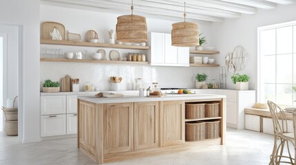 A peaceful coastal kitchen with light colors, wood accents, and breezy design, featuring a light-filled space and rattan pendant lighting for an inviting atmosphere.