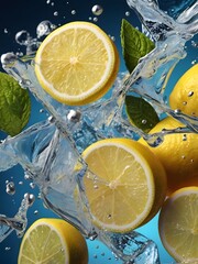 Floating Lemon, Lime, Ice Cubes, and Water Splashes on a blue background