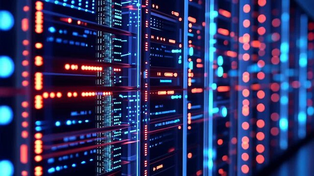 Exploring the intricate details of a modern data center with vibrant lighting and advanced technology