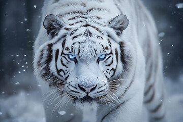 Majestic white tiger prowling through a snowy forest, capturing the serene beauty of winter wildlife