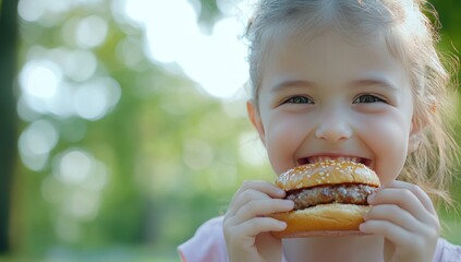 A happy young girl takes a big bite of a burger
