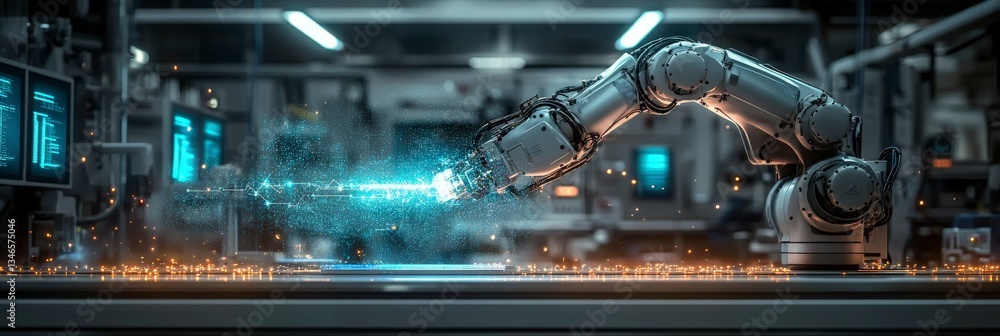 Poster industrial robot arm processing digital matrix grid.