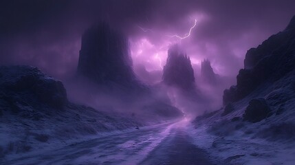 Eerie Violet Landscape Featuring Jagged Peaks Lit by Lightning Strikes Amidst a Misty, Snowy Terrain in a Fantasy Setting.