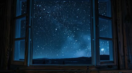 Looking through a window at the night sky full of stars.