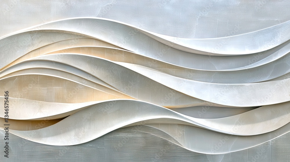 Poster minimalistic abstract waves in shades of white and light gray, creating a peaceful and airy visual e