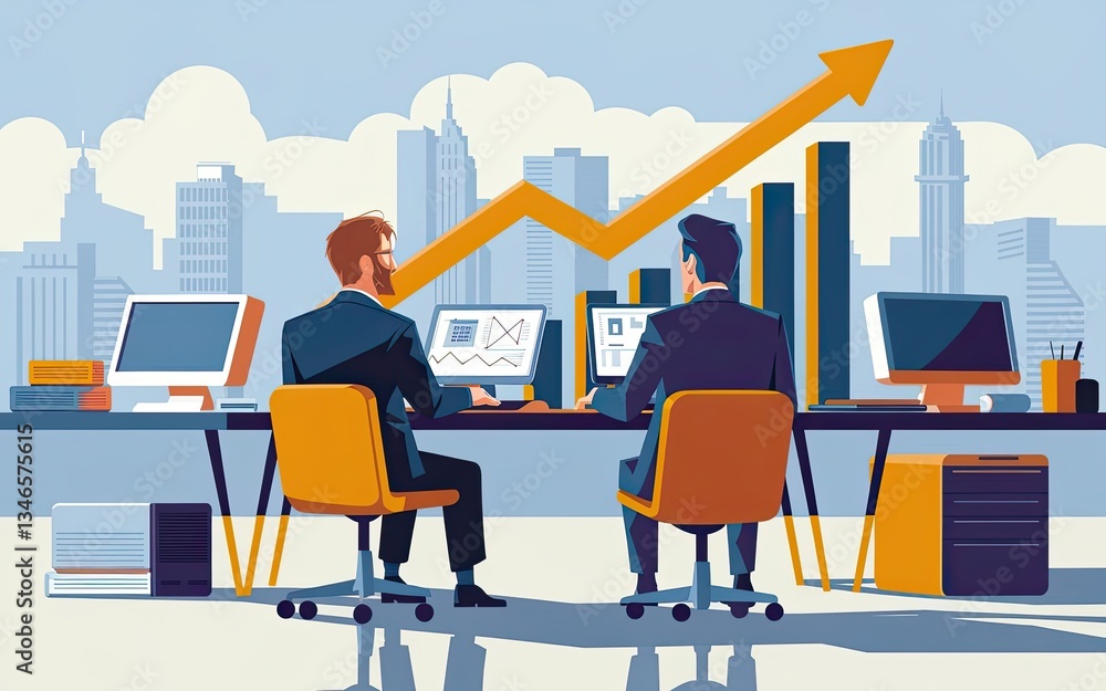 Poster business growth & strategy: two professionals are focused on collaborative work on their computers w