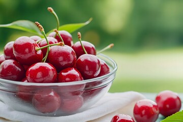 Fresh red cherries overflowing a glass bowl on a summer day