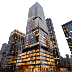 Obraz premium Modern Skyscraper with Glass Facade and Urban Cityscape at Sunset