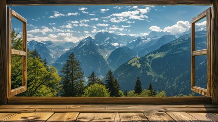 A scenic mountain view from a window.
