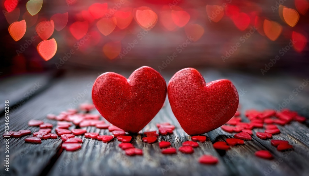 Aufkleber two red heart shaped chocolates on rustic wooden surface with blurred romantic bokeh background