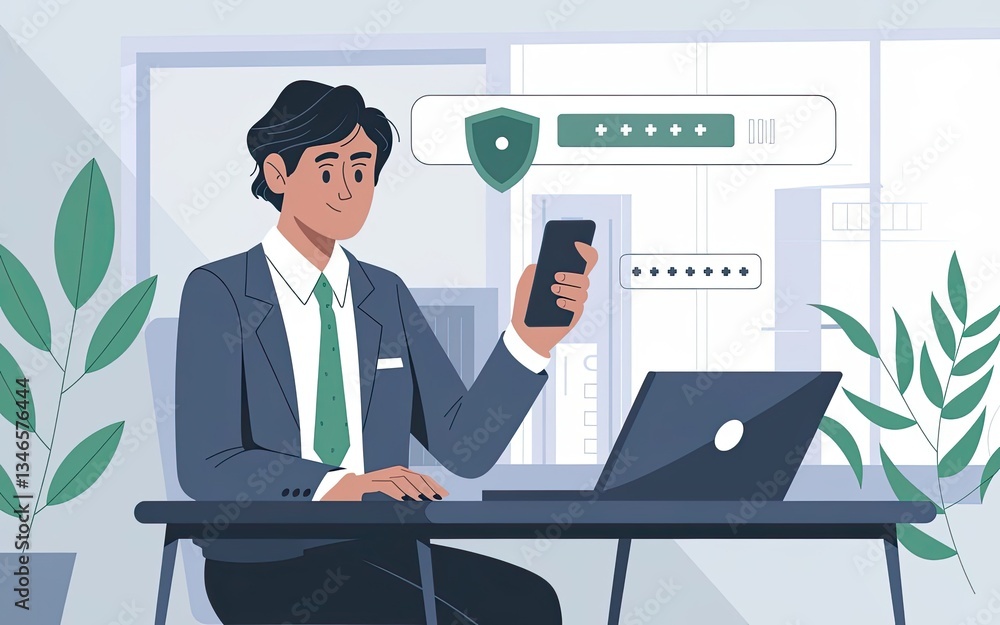 Poster secure login: an illustration depicts a professional diligently inputting secure credentials on thei