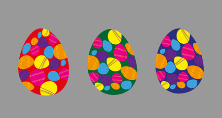 Vector illustration. Set of bright multicoloured, black Easter eggs with drawings. For decorating websites, clipart, postcards.PNG