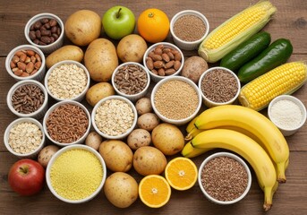Overhead view shows an assortment of carbohydrate-rich foods like potatoes, bananas and grains.