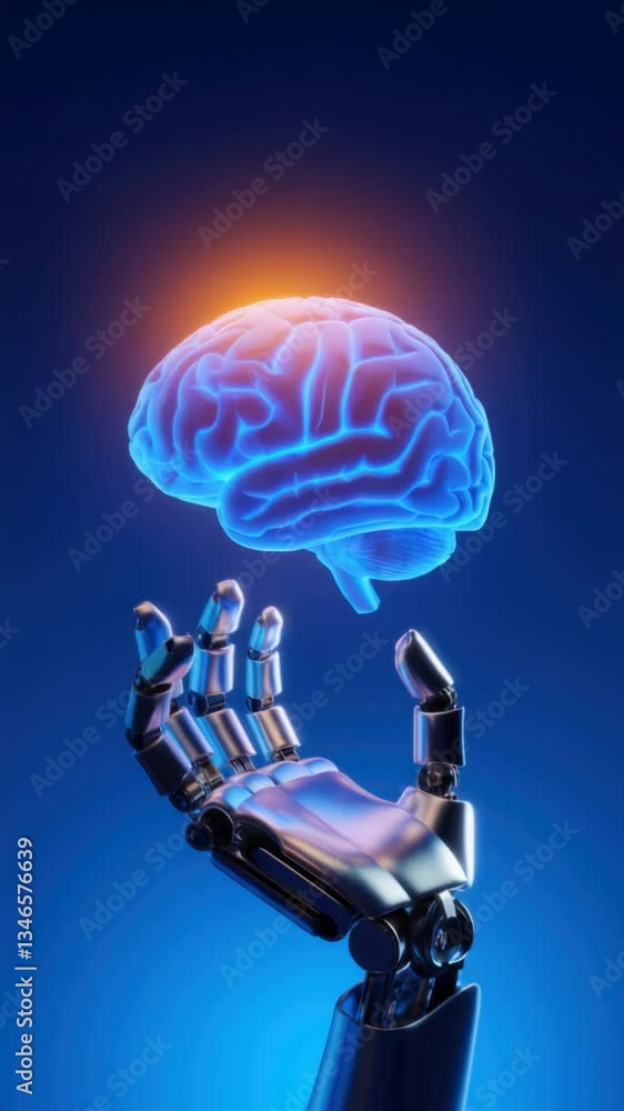 Poster futuristic robotic hand reaching towards a glowing brain symbolizing artificial intelligence and tec