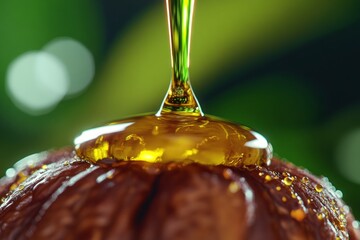 Golden oil drips onto a textured walnut, creating a glossy, rich, and natural visual against a soft green background.