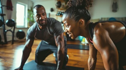 Trainer giving fitness advice to a client working out at home.