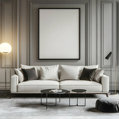 A photo of a large black picture frame on a grey wall in a minimal, modern living room.