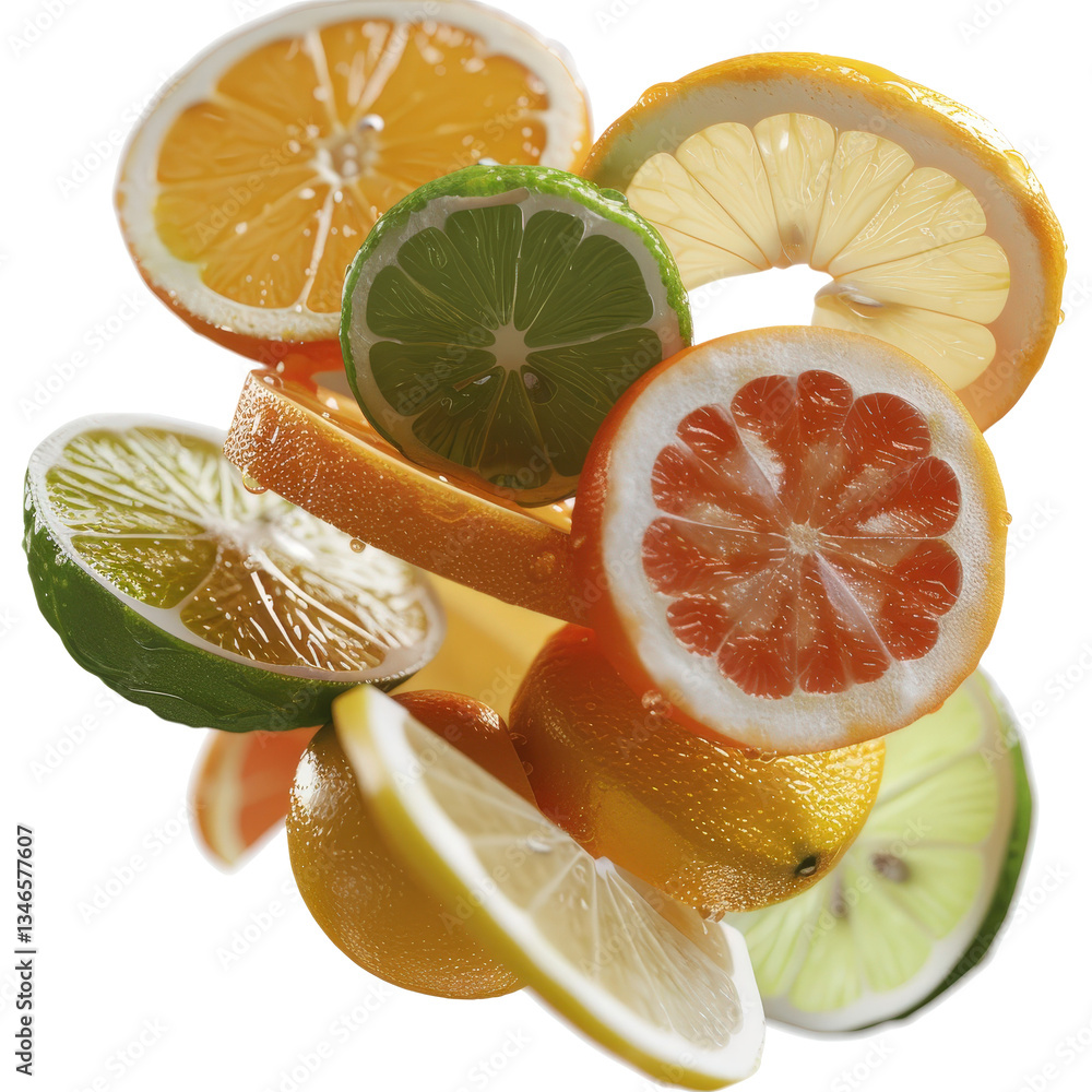 Poster vibrant fresh citrus fruits in various colors and shapes floating in air creating dynamic display