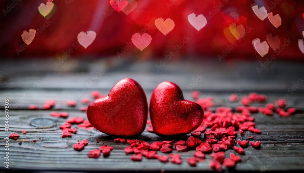 Aufkleber two red heart shaped chocolates on rustic wooden surface with blurred romantic bokeh background