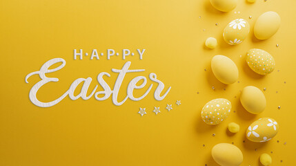 Happy easter! Colourful Easter eggs on yellow background. Decoration concept for greetings and presents on Easter Day celebrate time.